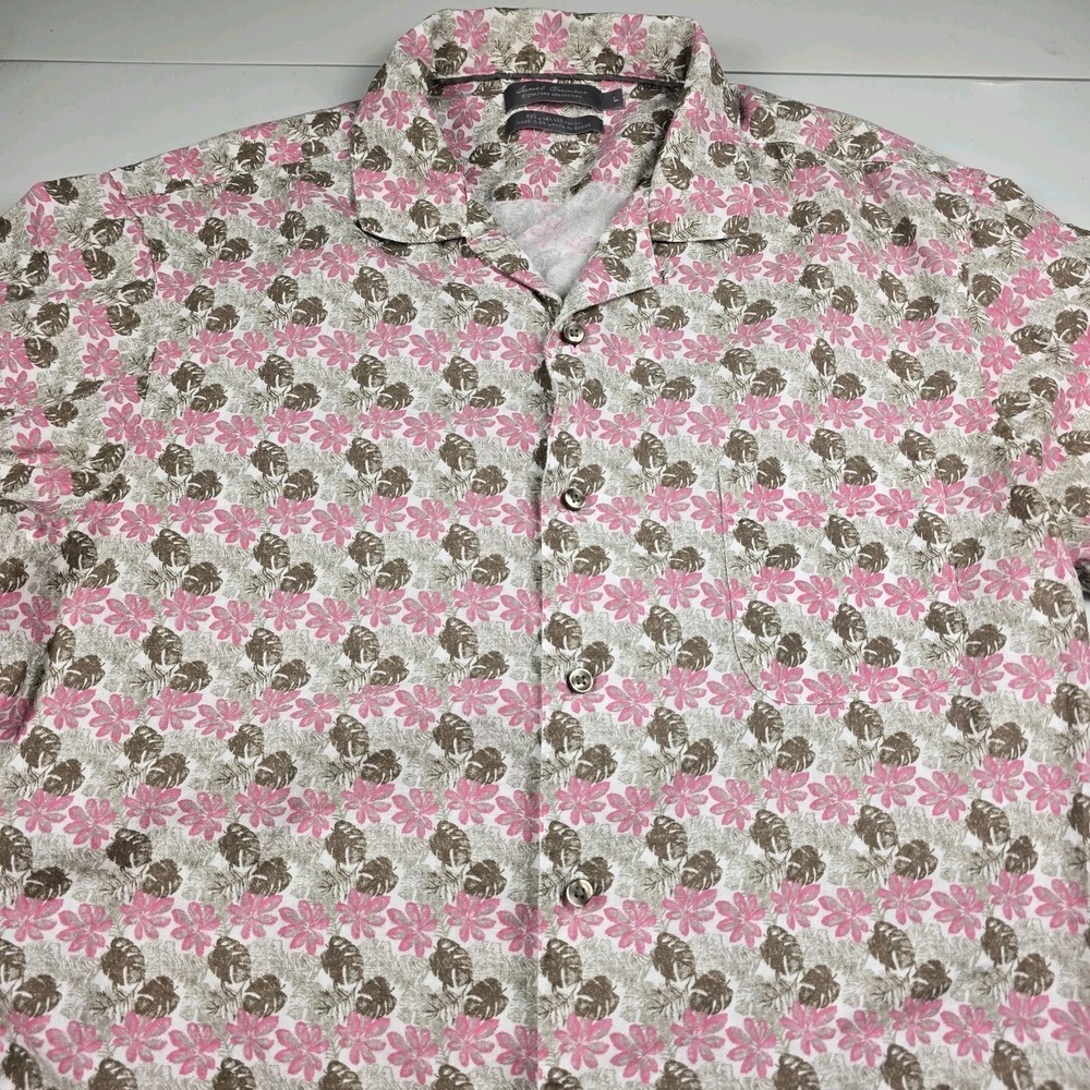 Daniel Cremieux Men Shirt L Button Linen Short Sleeve Pocket Floral Signature